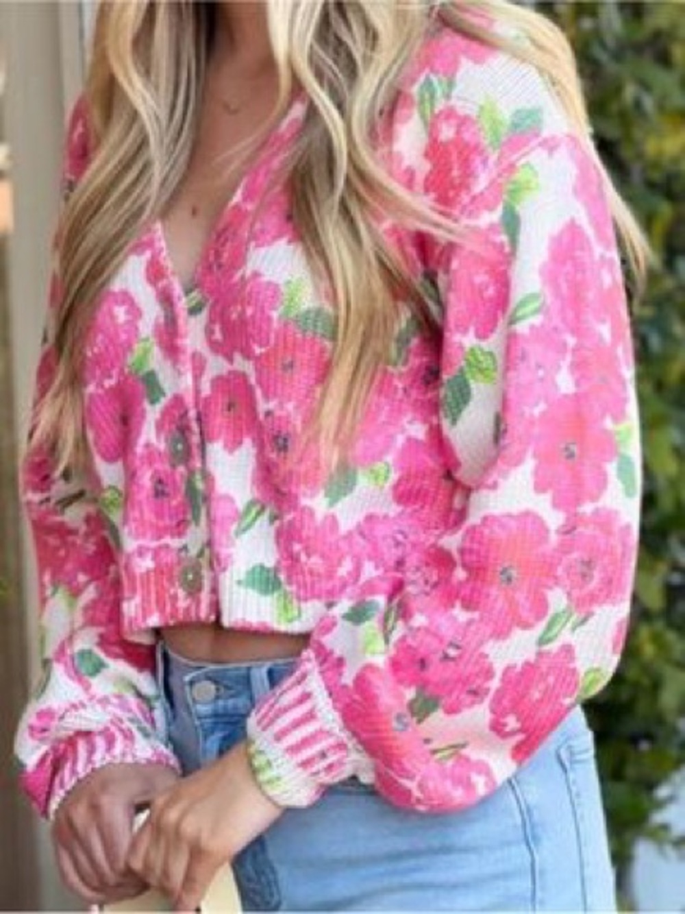 pink floral Show Me Your Mumu Clemmie Cardi, featuring a cozy cropped fit L